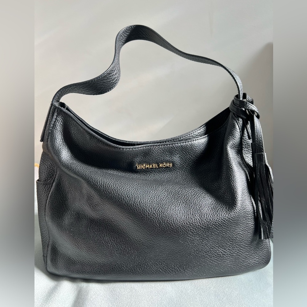 Michael Kors Black Pebbled Leather Shoulder Bag with Tassel